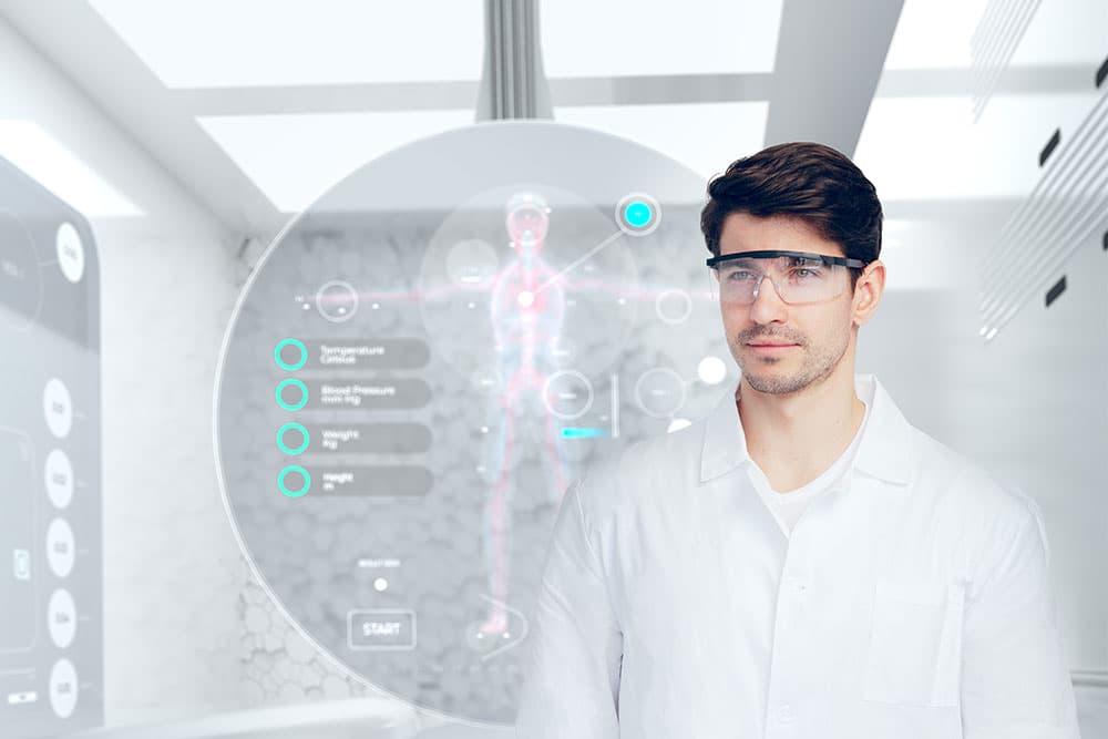 Young man scientist in futuristic laboratory investigating